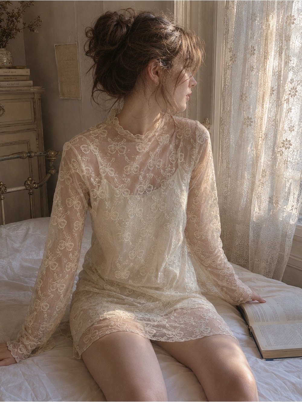 Romantic Sheer Butterfly Lace Tunic Mini Dress